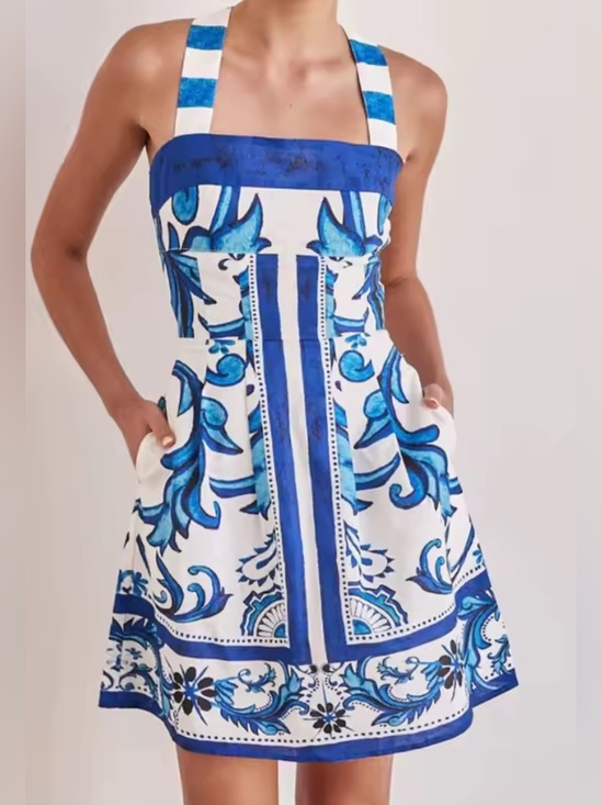Dresses & Skirts - NEW Summer York Vacay Dress Blue and White Printed Halter Sundress